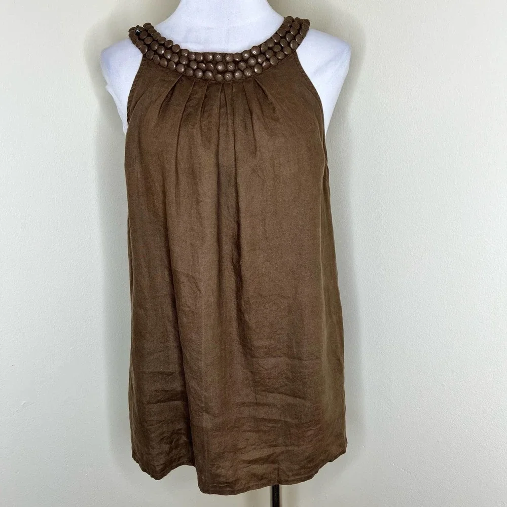Alexandra Bartlett 100% Linen Top MEDIUM Brown Woven Summer Lagenlook Pleated - Picture 1 of 5